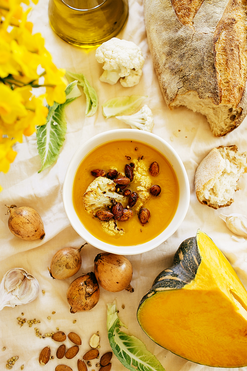 pumpkin soup with spiced almonds and roasted cauliflower recipe