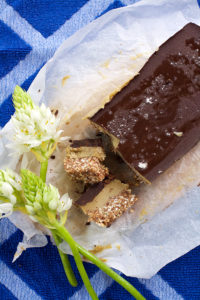 Chocolate Tahini Date Caramel Slice with buckwheat, raw and gluten free
