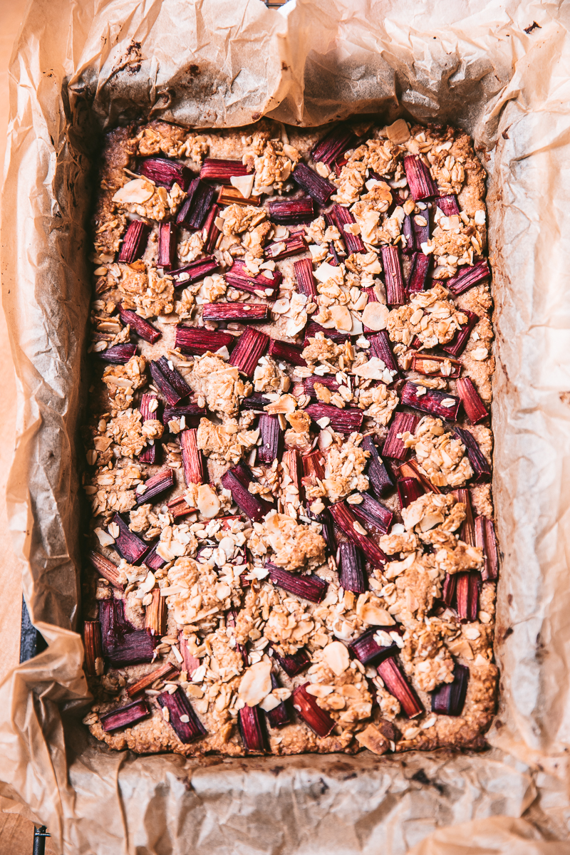 Rhubarb Oat Bars fresh out of the oven
