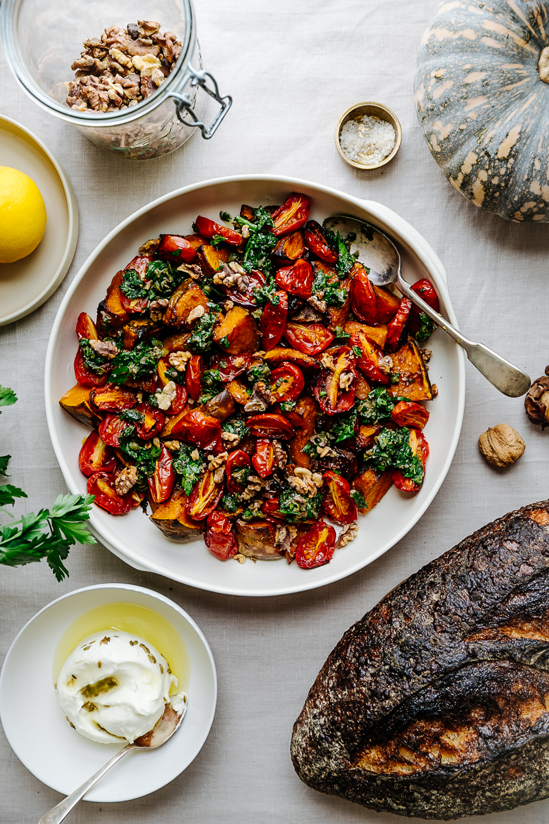 Roasted pumpkin and tomato salad with salsa verde